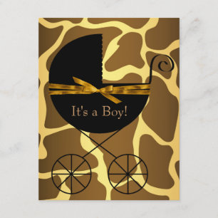 Invitation Fête de Naissance Garçon Girafe Carrosse Brun Doré