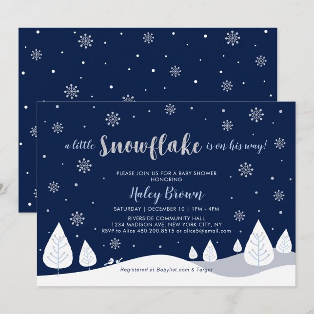 Invitation Fête de naissance garçon Hiver merveilleux Navy &  (Devant / Derrière)