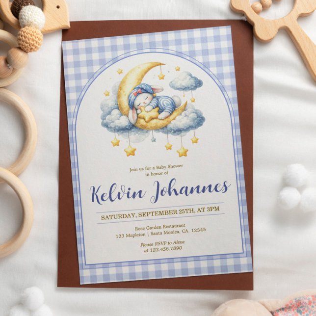 Invitation Fête de naissance Garçon Lune Étoile Gingham Bleu  (Créateur téléchargé)