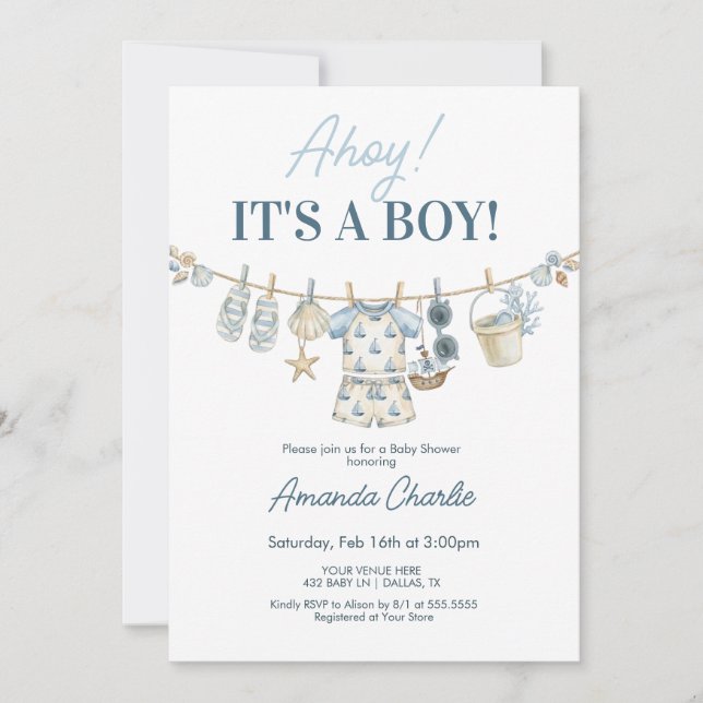 Invitation Fête de naissance garçon nautique Ahoy (Devant)