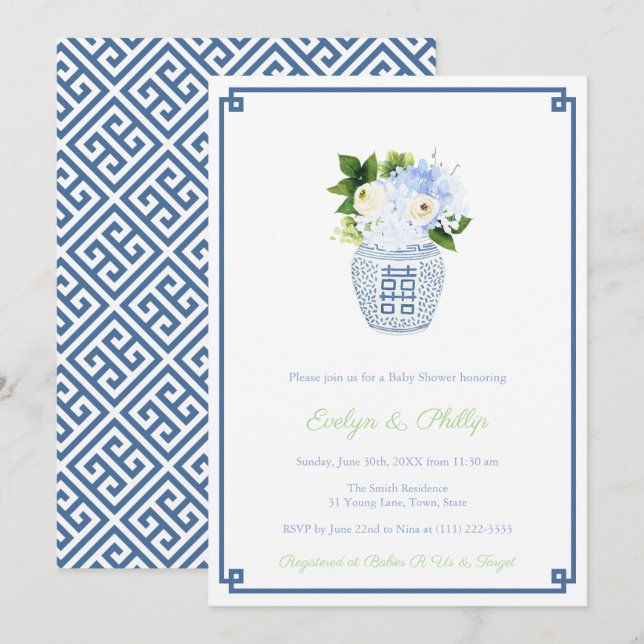 Invitation Fête de Naissance Garçon Navy et Chartreuse Prépa (Devant / Derrière)