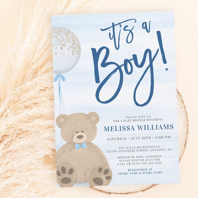 Invitation Fête de Naissance Garçon Ours en Peluche Bleu (Créateur téléchargé)