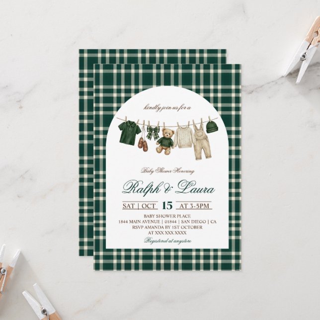 Invitation Fête de naissance garçon ours en peluche vert à ca (Devant/Arrière en situation)