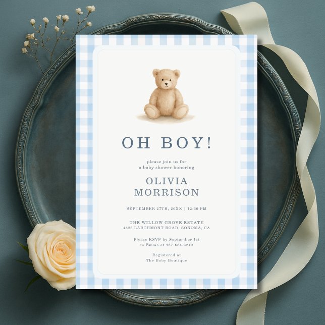 Invitation Fête de Naissance Garçon Ourson à Carreaux (Créateur téléchargé)