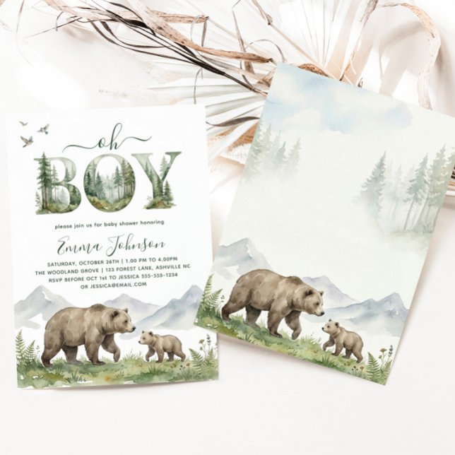 Invitation Fête de Naissance Garçon Ourson Aquarelle Forêt (Oh Boy Watercolor Woodland Bear Baby Shower Invitation)
