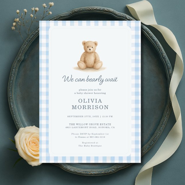 Invitation Fête de naissance garçon Ourson Bleu Gingham (Créateur téléchargé)