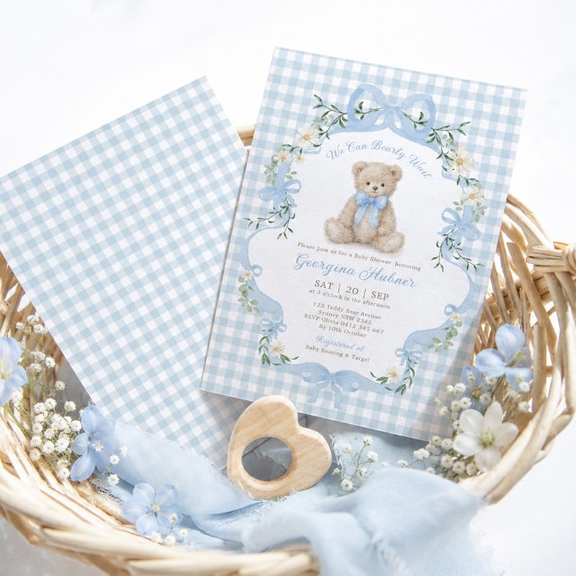 Invitation Fête de naissance garçon Ourson en vichy bleu (Créateur téléchargé)