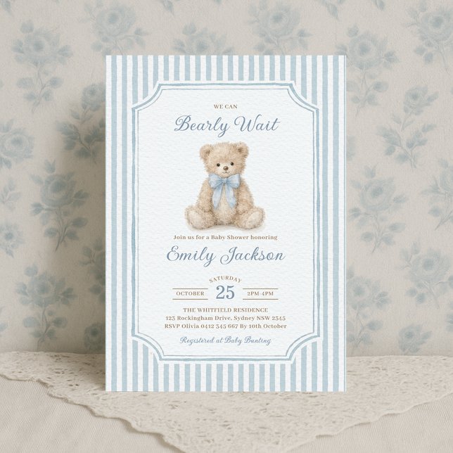 Invitation Fête de naissance garçon Ourson rayures bleues (Créateur téléchargé)