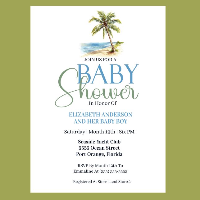 Invitation Fête de Naissance Garçon Palmier de Plage (Tropical beach baby shower invitation with watercolor palm tree coastal blue and sage green design f)