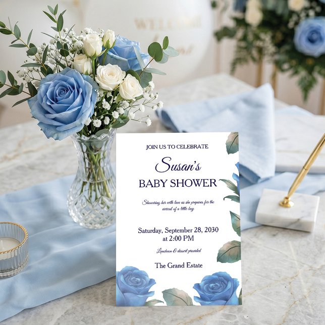 Invitation Fête de naissance garçon Rose Bleu Français Beaux- (Celebrate the mom-to-be with elegant blue roses. 🩵 Shop this classic baby shower invite!)