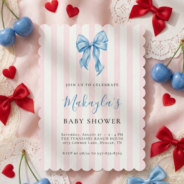 Invitation Fête de naissance garçon ruban bleu coquette rayur (Créateur téléchargé)