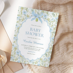 Invitation Fête de naissance garçon ruban bleu floral vintage
