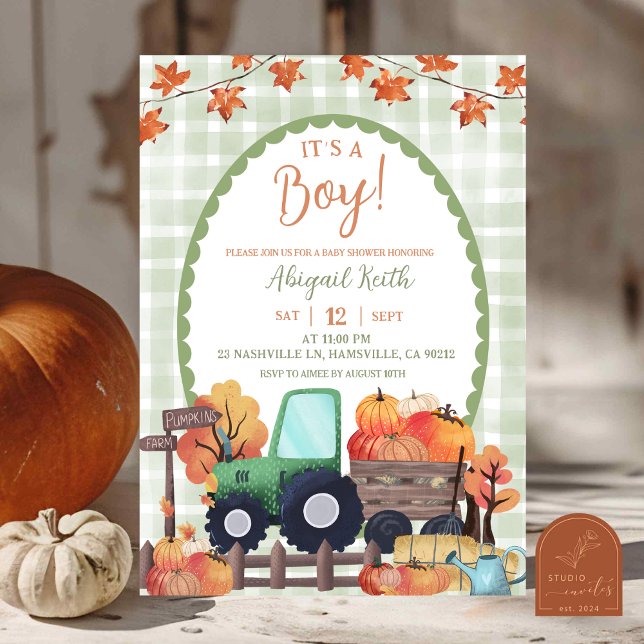Invitation Fête de naissance garçon tracteur citrouille vert  (Créateur téléchargé)