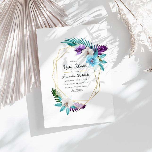 Invitation Fête de naissance géométrique aux orchidées tropic (Watercolor Tropical Orchids Geometric Baby Shower Invitation)