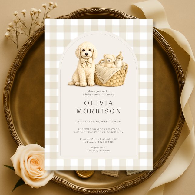 Invitation Fête de Naissance Gingham Beige Neutre Chien Chiot (Créateur téléchargé)