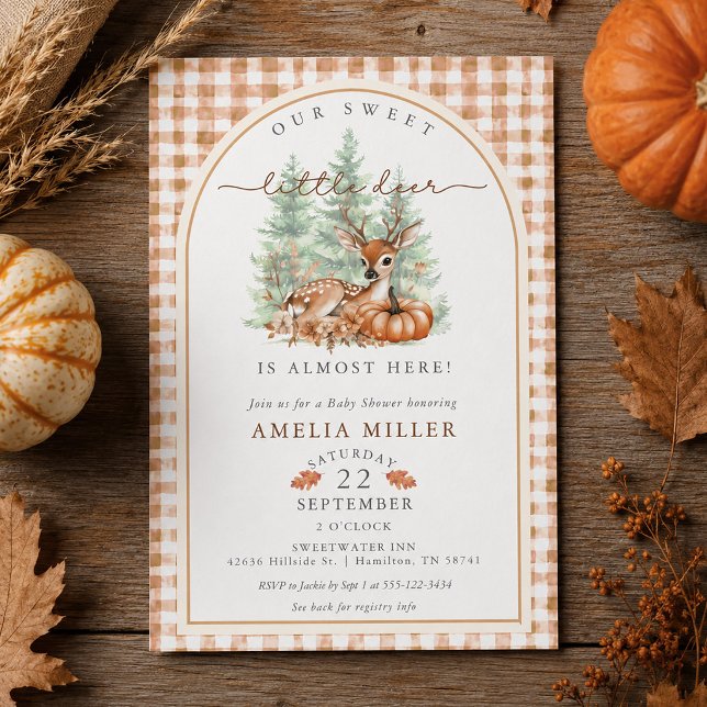 Invitation Fête de naissance Gingham Citrouille d'Automne Cer (Autumn Pumpkin Gingham Sweet Deer Baby Shower Invitation)