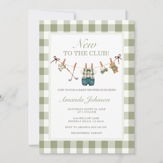 Invitation Fête de Naissance Gingham Vert Emeraude Golf Nouve (Devant)