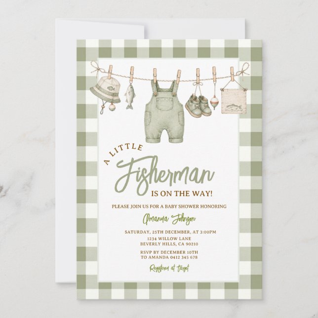 Invitation Fête de naissance Gingham Vert Sauge pour Pêcheur (Devant)