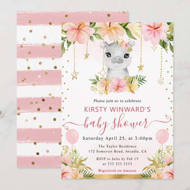 Invitation Fête de naissance hippopotame jungle florale aquar (Devant / Derrière)