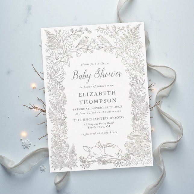 Invitation Fête de naissance hivernale de conte de fées fores (winter baby shower invitation woodland deer animals enchanted forest fairytale storybook magic)
