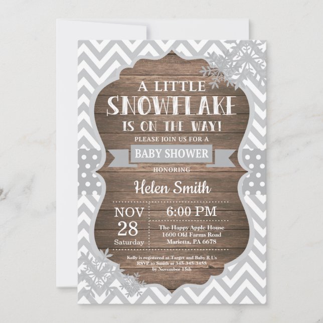 Invitation Fête de naissance hivernale rustique Flocon de nei (Devant)