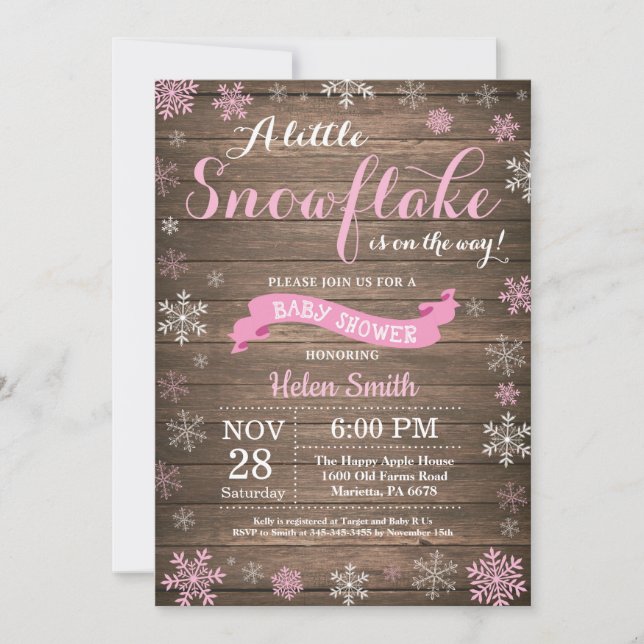 Invitation Fête de naissance hivernale rustique Flocon de nei (Devant)