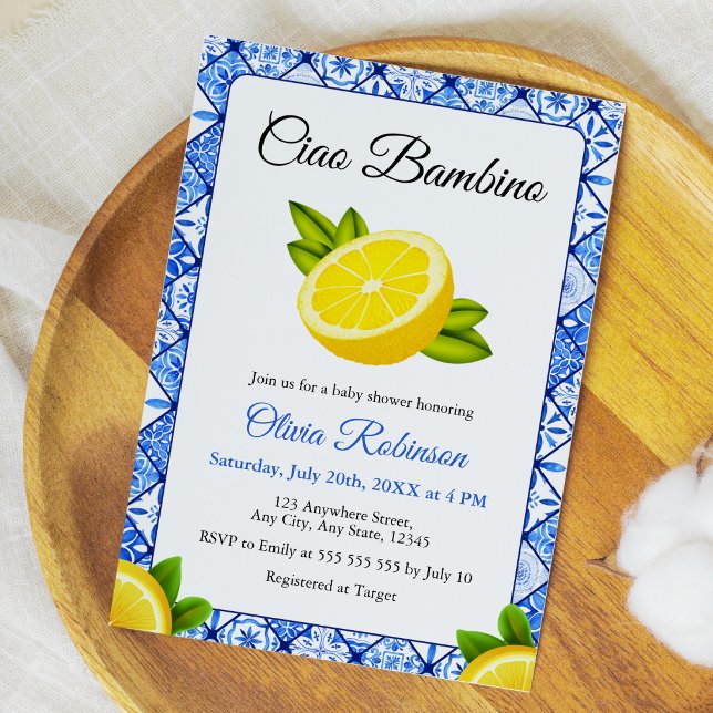 Invitation Fête de naissance Italian Blue Tile Ciao Bambino  (Blue Tile Mediterranean Italian Ciao Bambino Baby Shower Invitation   )
