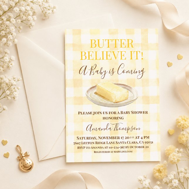 Invitation Fête de Naissance Jaune Gingham Beurre Neutre (Créateur téléchargé)
