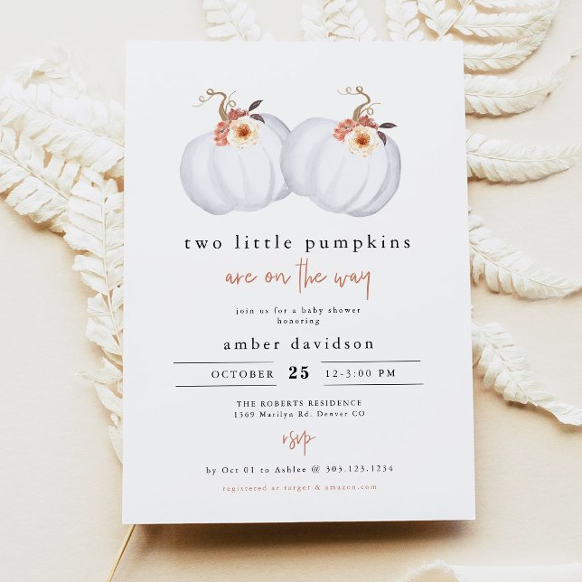 Invitation Fête de naissance jumeaux AMBER Rustic Two Little  (Two Little Pumpkins on the Way Twin Baby Shower Invitation)