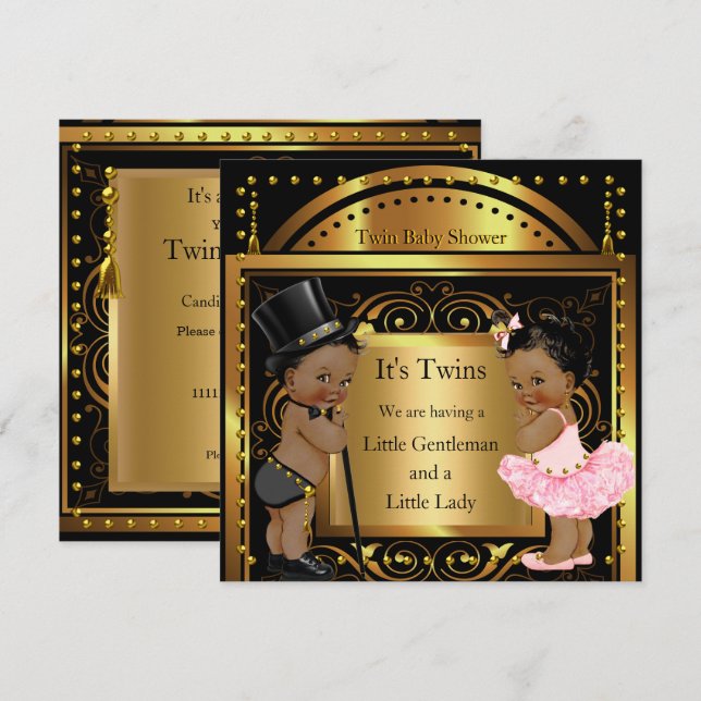 Invitation Fête de naissance jumeaux garçon et fille Gold Eth (Devant / Derrière)