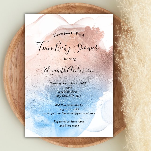 Invitation Fête de naissance jumeaux garçon fille éclaboussur (Pink Blue Twin Baby Shower Invitation)