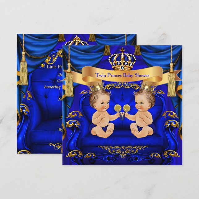 Invitation Fête de naissance jumeaux garçon prince bleu or (Devant / Derrière)