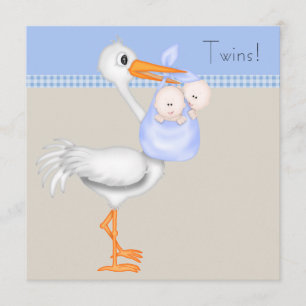 Invitation Fête de naissance jumeaux garçon Stork bleu beige