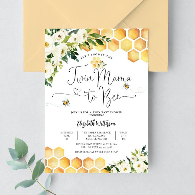 Invitation Fête de naissance jumeaux Mama to Bee genre neutre (Créateur téléchargé)