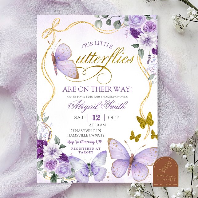 Invitation Fête de Naissance Jumeaux Papillon Violet Coquette (Créateur téléchargé)
