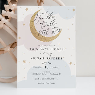 Invitation Fête de Naissance Jumeaux Petites Étoiles Brillant