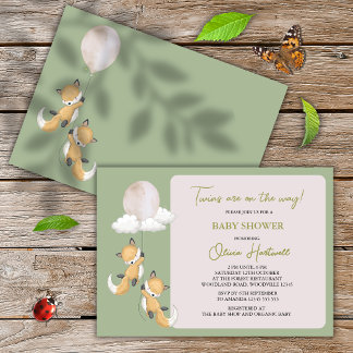 Invitation Fête de naissance jumeaux renards bois neutre *