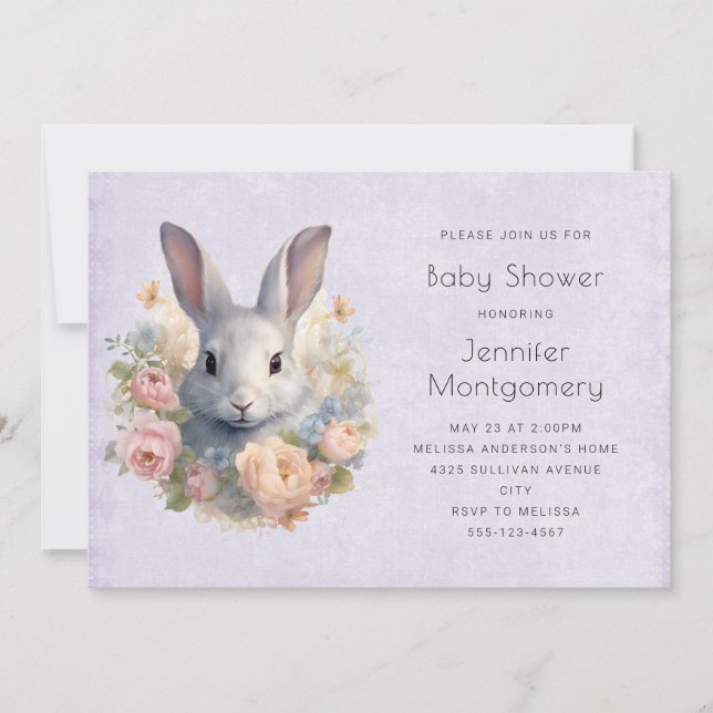 Invitation Fête de Naissance Lapin Entouré de Fleurs Mignon (Devant)