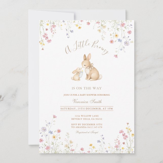 Invitation Fête de Naissance Lapin Prairie Fleurie (Devant)