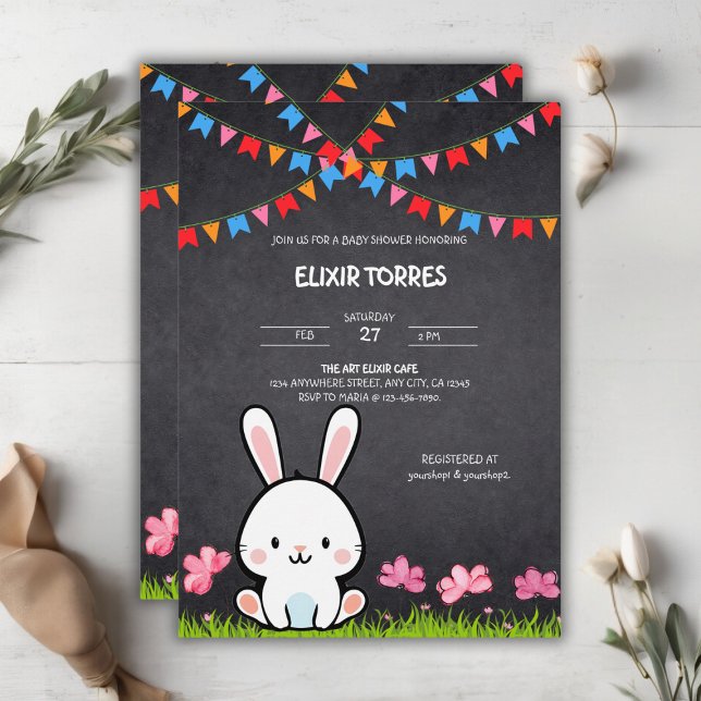 Invitation Fête de Naissance Lapin Tableau Blanc Mignon (Créateur téléchargé)