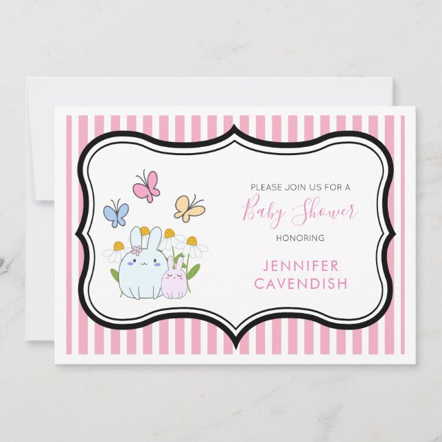 Invitation Fête de Naissance Lapins Printaniers et Papillons (Devant)