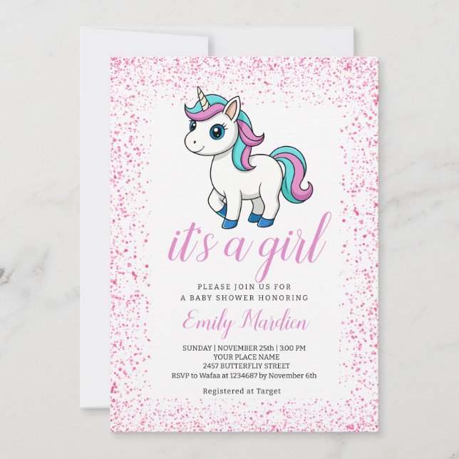 Invitation Fête de naissance licorne aquarelle rose mignonne  (Devant)