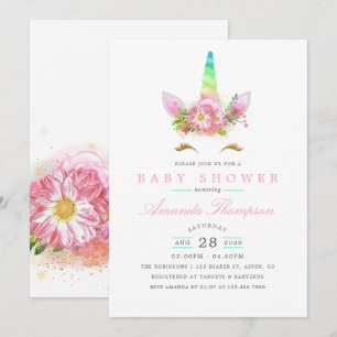 Invitation Fête de naissance licorne arc-en-ciel florale rose