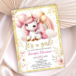 Invitation Fête de naissance Licorne Bébé Fille Rose Ballon e