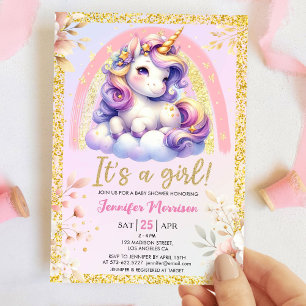 Invitation Fête de naissance Licorne C'est une Fille Rose & O