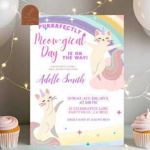 Invitation Fête de Naissance Licorne Chat Arc-en-Ciel Pastel
