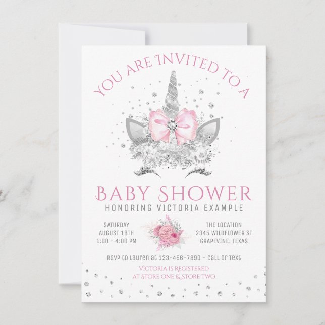 Invitation Fête de naissance licorne diamant rose et argent (Devant)