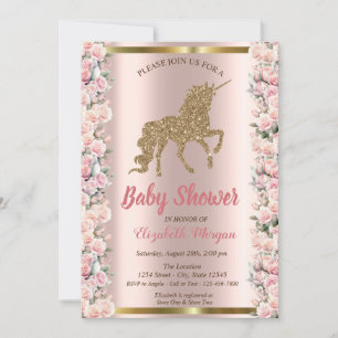 Invitation Fête de naissance licorne et roses paillettes or é