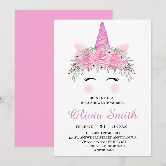 Invitation Fête de Naissance Licorne Fille Mignonne Avec Nom  (Devant / Derrière)