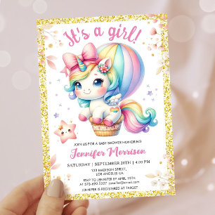 Invitation Fête de naissance licorne Floral Blush Fille Rose